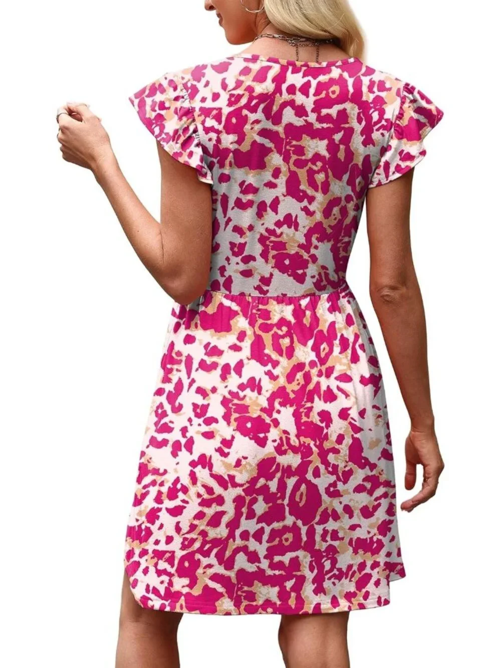 Women Pink Leopard  Ruffle Sleeve Baby Doll V Neck Imported Causal Dress